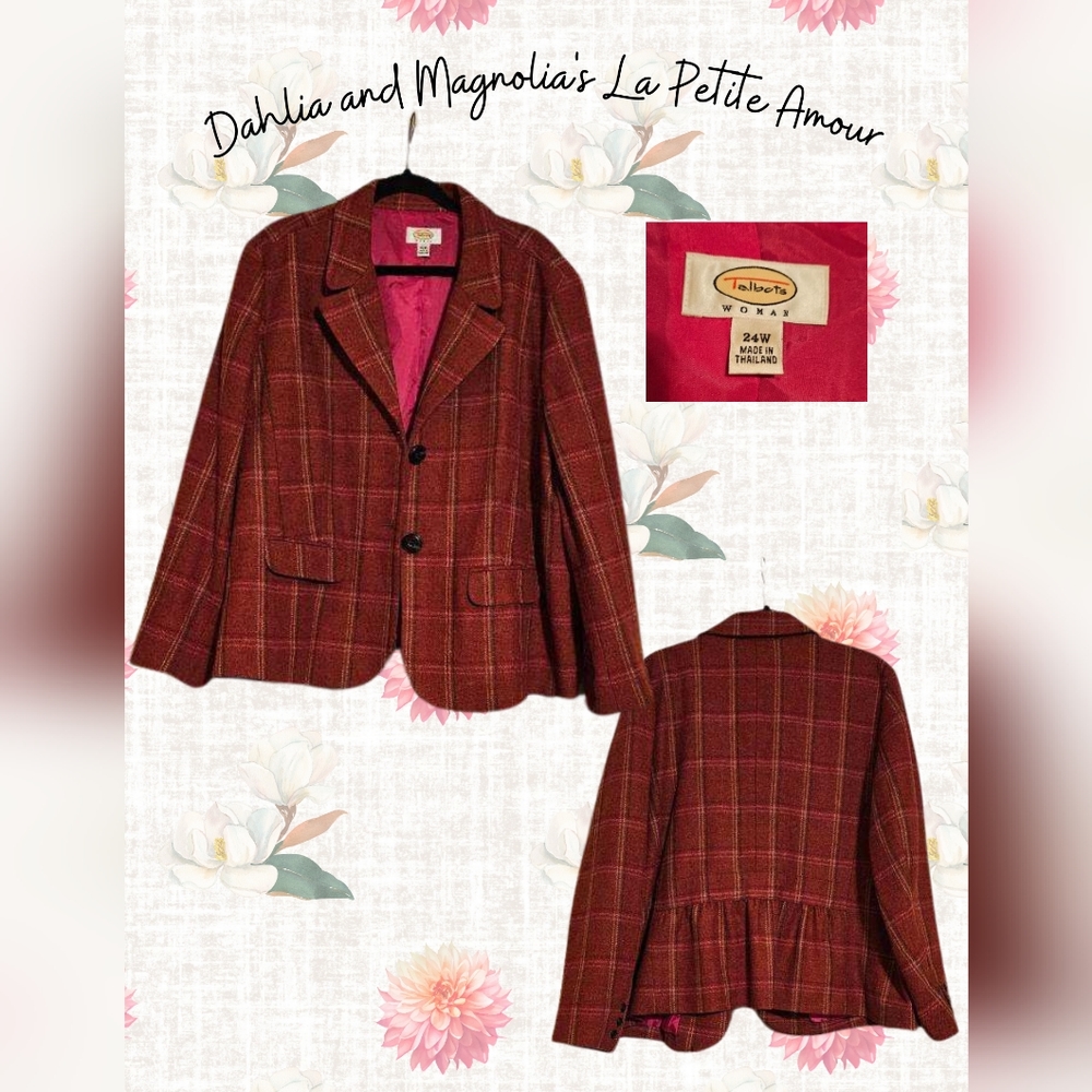 Talbots Wool Orange & Green Wool Button Down Peplum Blazer size 24W